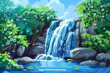 A "Happy World Environment Day" card with a vector design of a waterfall, symbolizing the purity and necessity of water, on a serene blue background, encouraging water conservation