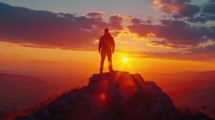 Fototapeta premium A man stands on a mountain top, looking out at the sunset. The sky is filled with clouds, creating a moody atmosphere. The man is lost in thought, taking in the beauty of the moment
