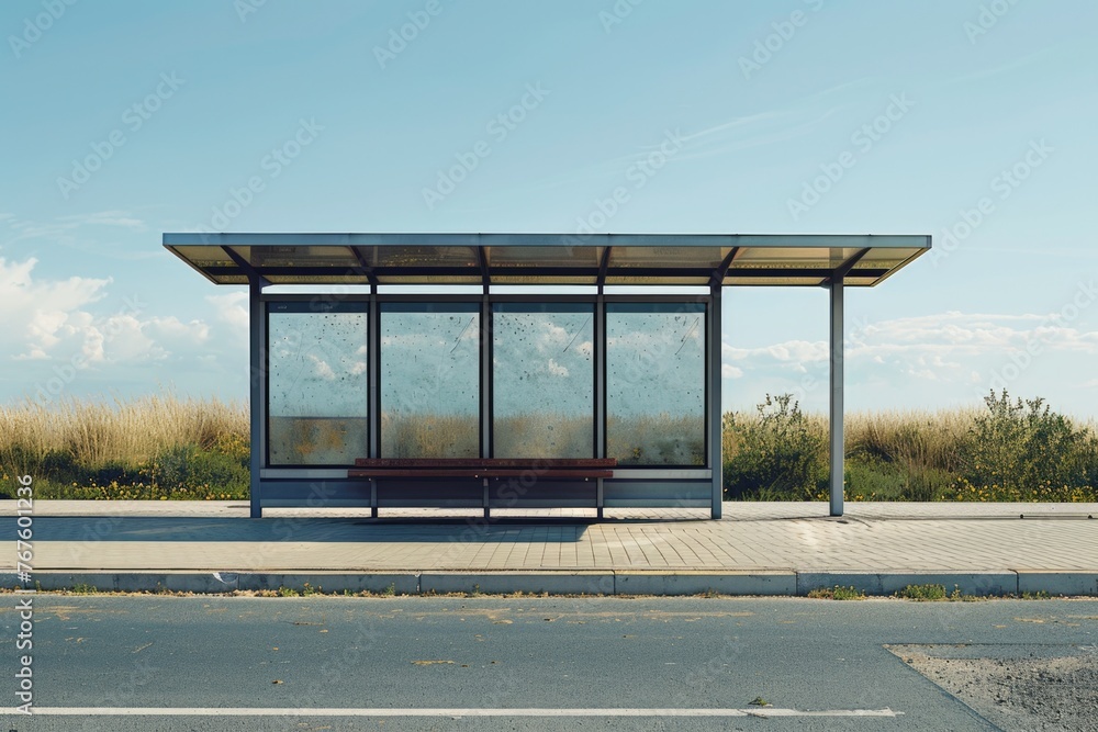 Poster a bus stop with a bench and four windows. the sky is blue and there are no clouds
