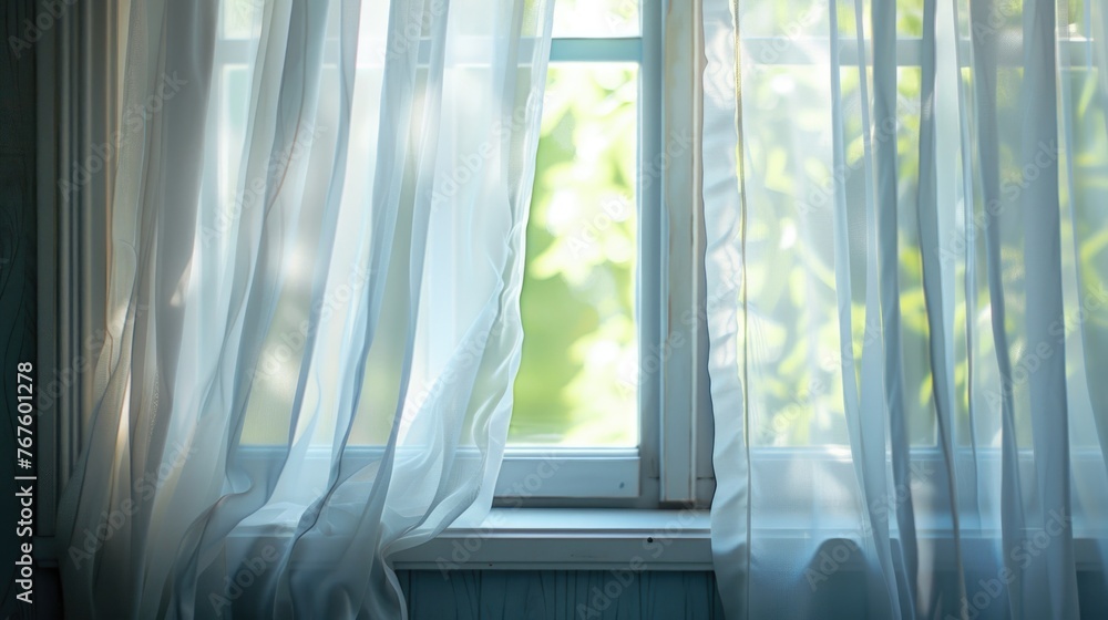 Poster the curtains are open, letting in the sunlight and creating a bright and airy atmosphere. the view o