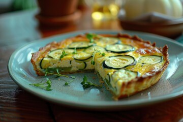 A slice of quiche with zucchini and herbs on a plate. The plate is on a wooden table