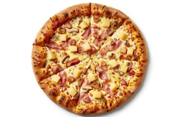 A pizza with ham and cheese is sitting on a white background. The pizza is sliced into six pieces