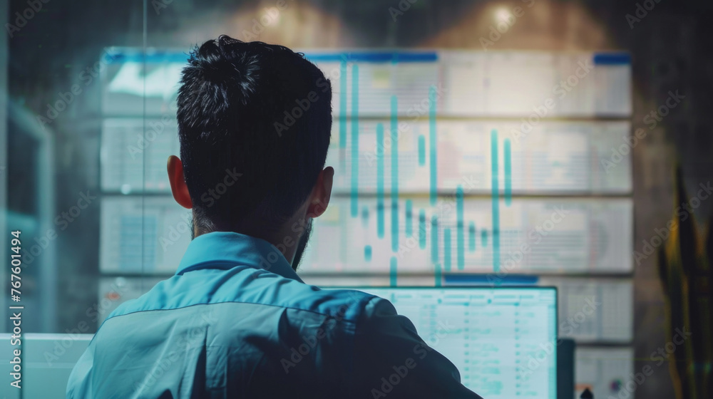 Poster a man is sitting in front of a computer monitor with a blue shirt on. he is looking at the screen wi