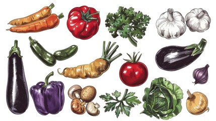 A drawing of various vegetables and herbs, including carrots, tomatoes, and broccoli. The drawing has a colorful and lively feel, with each vegetable and herb clearly depicted