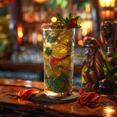 Zombie cocktail in a dimly lit tiki bar