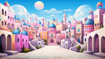 cartoon cityscape with diverse buildings under a clear sky - obrazy, fototapety, plakaty