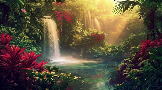 Enchanting fantasy waterfall cascading through the mystical forest
  Seamless looping 4k time-lapse virtual video animation background. Generated AI