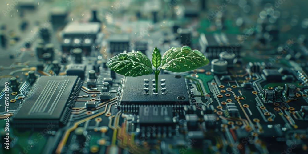 Poster a small green plant is growing on a computer chip. concept of innovation and the potential for techn