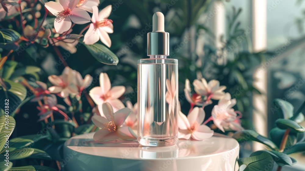Poster a bottle of perfume is sitting on a table next to a bunch of flowers. the bottle is clear and has a 