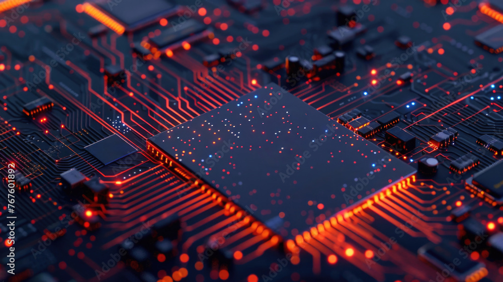 Poster a computer chip with a red glow. the chip is surrounded by a black background