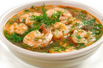 A bowl of shrimp soup with dill and parsley. The soup is full of shrimp and has a rich, savory flavor