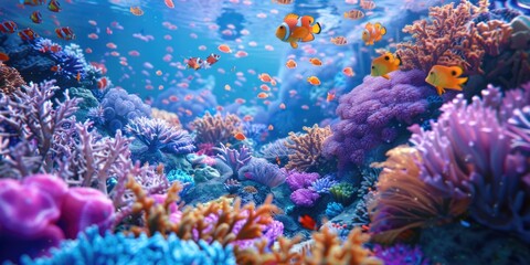 Fototapeta na wymiar A colorful coral reef with many fish swimming around. The fish are orange and yellow. The reef is full of life and color