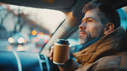 A man in a car is holding a coffee cup and looking out the window. The scene is set in a city with...