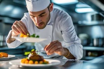  A focused chef carefully plates a gourmet dish in a professional kitchen, exemplifying culinary art and precision. Resplendent. © Summit Art Creations