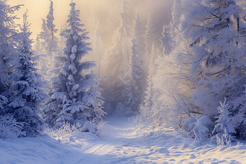 A frost-covered forest in winter, with snow-covered trees and a path leading into the misty distance