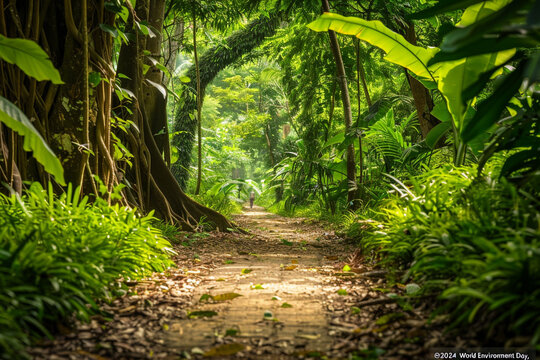 A frame mockup showing a footpath in a lush forest for "2024 World Environment Day," symbolizing the path to a greener future