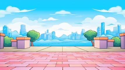 cartoon city park scene with colorful paths and a distant cityscape
