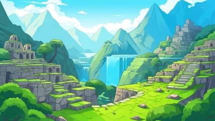Selbstklebende Fototapeten cartoon landscape with green terrains, ancient ruins, and lush forests © chesleatsz