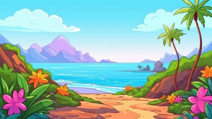 Fototapeta na wymiar cartoon Sunny tropical beach with vibrant flora and serene mountain backdrop