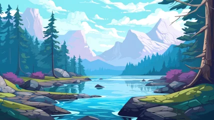 Rugzak cartoon Tranquil mountain-lake landscape with lush forests and fluffy clouds © chesleatsz