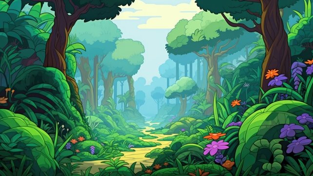 Lush cartoon vibrant forest edge with a misty cityscape in the distance