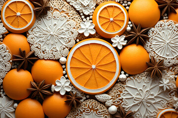 assorted decorative Christmas cookies and oranges. dessert and holiday baking. creative handmade