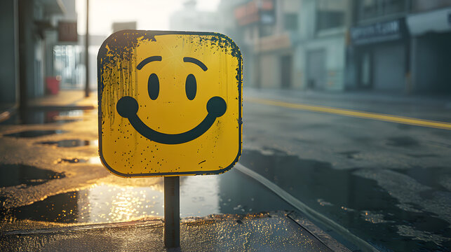 Yellow metal, road sign smiley with a smile stands near the road in the middle of a daytime city street.