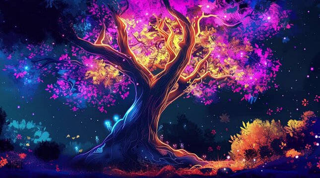 Ethereal magic tree radiating a mesmerizing glow in the enchanted forest
 Seamless looping 4k time-lapse virtual video animation background. Generated AI