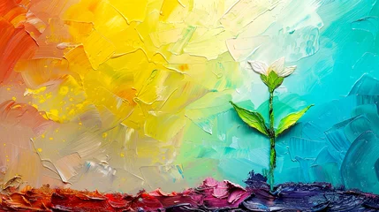 Fotobehang Minimalistic banner with small seed of flower on colorful background. Oil paint artwork. © bit24