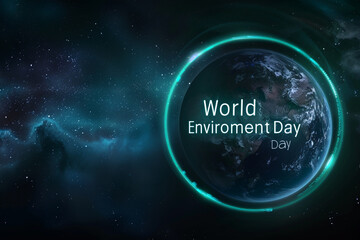 A digital representation of the Earth from space, with "World Environment Day" circling the planet in a ring of green light, symbolizing global unity in environmental protection