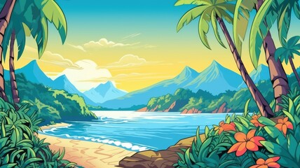 Fototapeta na wymiar A vibrant tropical cartoon beach at sunset, with lush greenery and colorful flowers