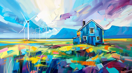 Landscape featuring a solitary cottage, wind turbines. Oil painting