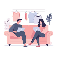 Couple doing online shopping. Man and woman sitting