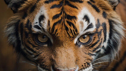 Closeup Portrait face of a mix between woman and tiger, animal look