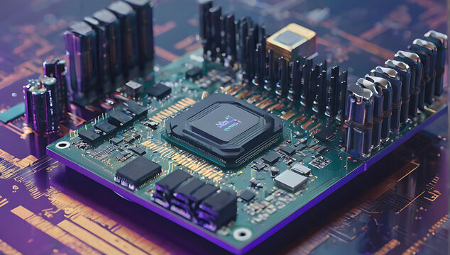 Artificial intelligence chat bot connected on a computer processing unit motherboard, 3D concept, 