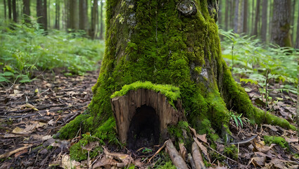 Young tree emerging from old tree stump in a green forest, tunnel