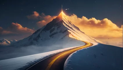 Fotobehang A Glowing Road going to flag on a Snow mountain top, Business goals achievement concept, Mountain surrounded with fog,  © Prateek