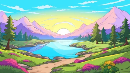 Küchenrückwand glas motiv cartoon landscape with rolling hills, colorful flowers, and majestic mountains under a blue sky © chesleatsz