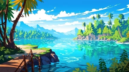 Poster cartoon tropical landscape with clear waters and mountainous backdrop © chesleatsz
