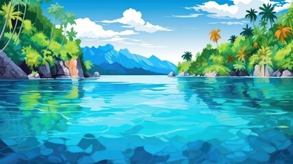 cartoon tropical landscape with clear waters and mountainous backdrop - obrazy, fototapety, plakaty