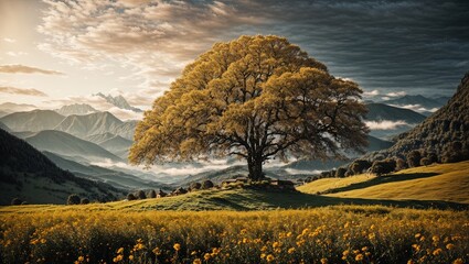 A lonely majestic tree and a magnificent view. Nature and forest image.