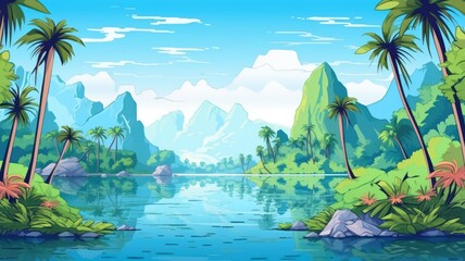 Fototapeta na wymiar cartoon tropical landscape with clear waters and mountainous backdrop