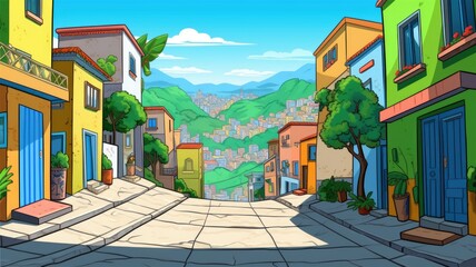 Fototapeta na wymiar Colorful cartoon street in a vibrant cartoon world with charming houses and lush greenery