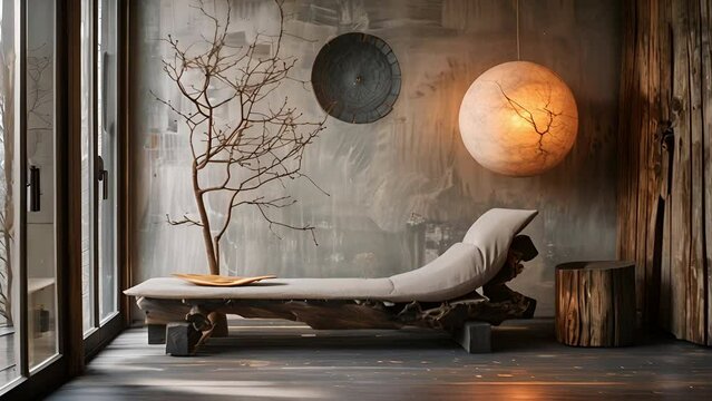 Pushing towards a Wabi Sabi composition of a lounge with a dead tree and veiny lamp in a gray room with natural light spilling through a sliding glass door