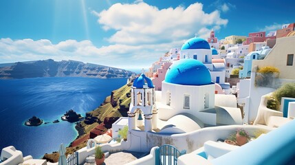 The oia santorini greece whitewashed buildings blue domed churches caldera views - obrazy, fototapety, plakaty