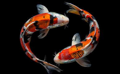 two koi fish swimming in a circle in a dark background. forming a yin and yang symbol