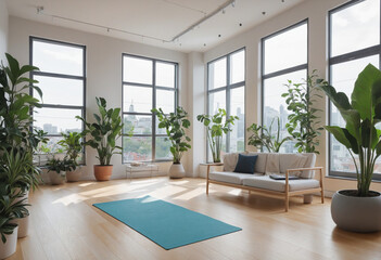 a shot of a peaceful yoga studio with plants,   colorful background