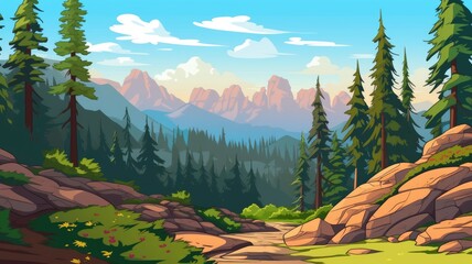  cartoon landscape with lush greenery and towering mountains