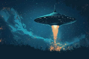 Fotobehang Retro-style UFO with a saucer shape Twilight Blues Hand-Drawn Textures Melancholic Infographics and Data Visualization © ketsarin