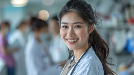 an Asian woman doctor as she poses for a portrait in a hospital environment, embodying the commitment to patient well-being.